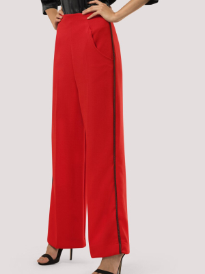 Red High Waisted Piped Pants