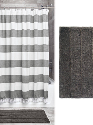 Wide Striped Fringe Shower Curtain Plush Rug Set - Idesign