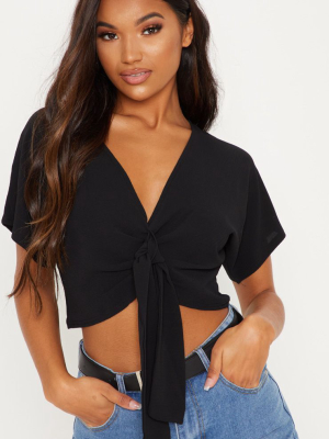 Black Chiffon Knot Front Short Sleeve Crop Blouse