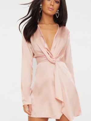 Nude Satin Long Sleeve Wrap Dress