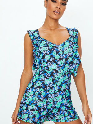 Blue Floral Print Frill Playsuit