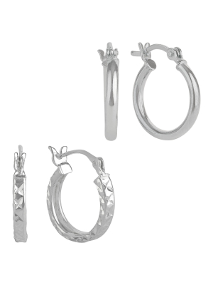 Women's Sterling Silver Tube And Square Cut Hoop Earring Set 2pc - A New Day™ Silver