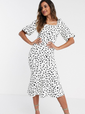 True Violet Exclusive Puff Sleeve Square Neck Midi Dress In Mono Polka Dot