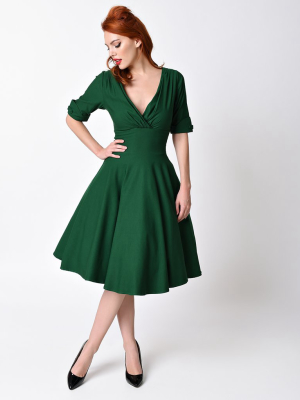 Unique Vintage Emerald Green Delores Swing Dress With Sleeves