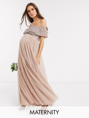 Maya Maternity Bridesmaid Bardot Maxi Tulle Dress With Tonal Delicate Sequins In Taupe Blush