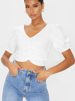 White Woven Puff Sleeve Crop Top