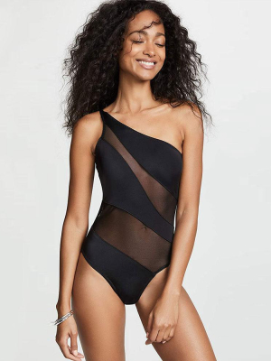 Simple One Shoulder Panel Mesh Brazilian One Piece Swimsuit