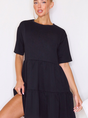 Black Tiered Short Sleeves Smock Dress