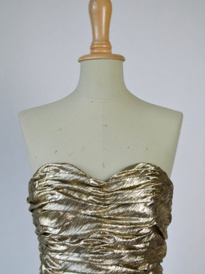1980s Vintage Gold Lamé Strapless Dress By Designer Victor Costa - Size M