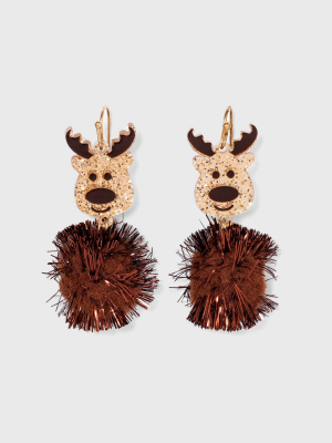 Reindeer Pom Pom Earrings - Brown