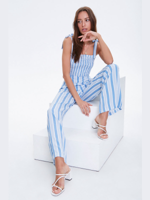 Striped Wide-leg Smocked Jumpsuit