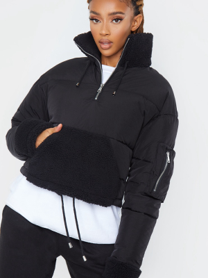 Black Nylon Contrast Borg Pull Over Puffer Jacket