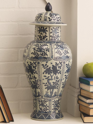 Blue And White Chrysanthemum Flower Covered Temple Jar