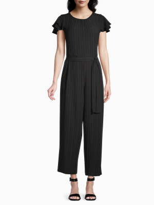 Pleated Flutter Sleeve Belted Jumpsuit