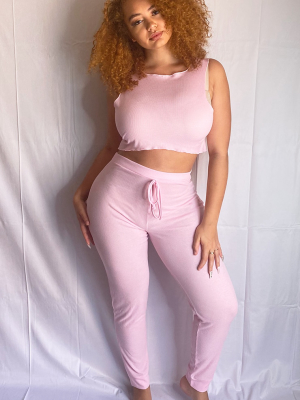 Plus Pink Rib Legging & Frill Edge Crop Pj Set