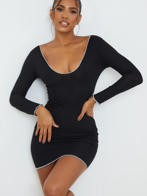 Black Ribbed Plunge Contrast Stitch Bodycon Dress