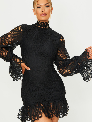 Black High Neck Lace Long Sleeve Frill Bodycon...