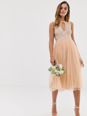 Maya Bridesmaid Delicate Sequin Midi Skater Dress With Keyhole Detail In Soft Peach