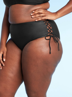 Juniors' Plus Size Lace-up High Waist Bikini Bottom - Xhilaration™ Black