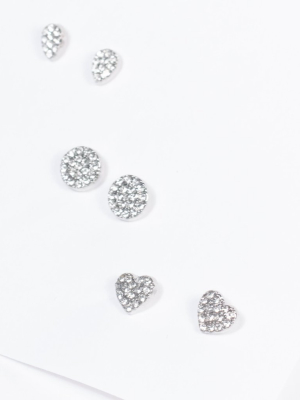 Silver Rhinestone Stud Earring Set