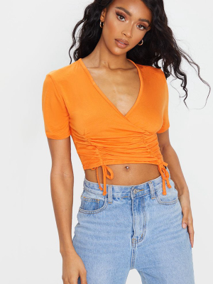 Orange Ruched Wrap Front Short Sleeve Crop Top