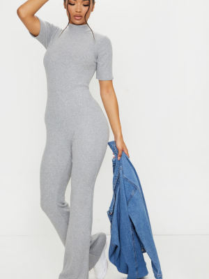 Grey Brushed Rib High Neck Flared Jumpsuit