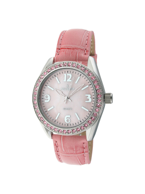 Women's Peugeot Crystal Accented Leather Strap Watch With Crystals From Swarovski - Silver & Pink