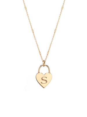 14k Small Engraved Initial Heart Padlock Necklace