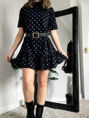 Asos Design Mini Short Sleeve Shirred Detail High Neck Dress With Peplum Hem In Black And Purple Dots