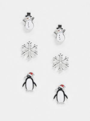 Asos Design Christmas Pack Of 3 Pairs Earrings In Snowy Wonderland Designs In Silver Tone