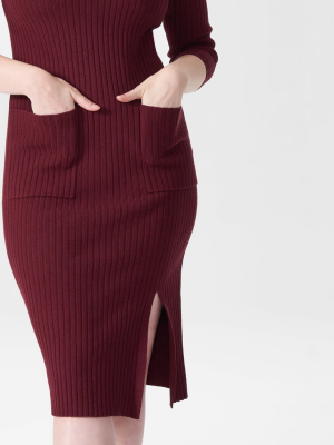 Rita Ribbed Sweater Dress With Pockets - Merlot