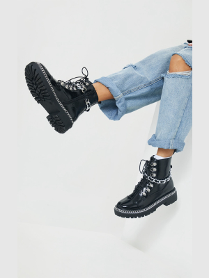 Black Chain Trim Pu Patent Hiker Boots