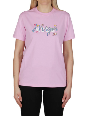 Msgm Floral Logo Printed T-shirt