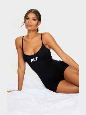 Prettylittlething Black Logo Strappy Romper