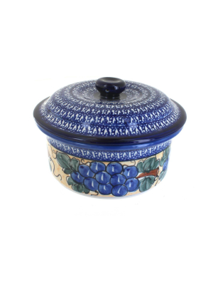 Blue Rose Polish Pottery Grapes Round Baker With Lid