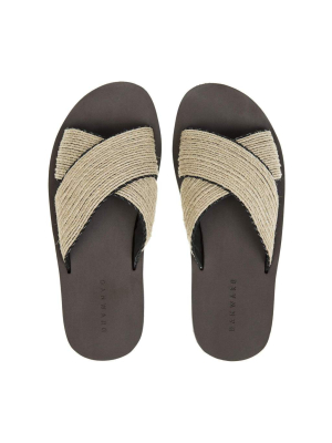 Criss-cross Bicolored Raffia And Leather Lined Beach Slide