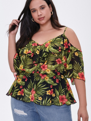 Plus Size Tropical Open-shoulder Top