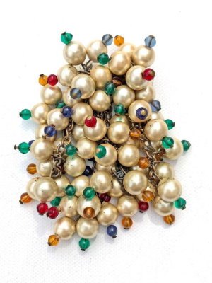 Vintage 1940s Dangling Cha-cha Style Champagne Pearl And Red, Blue, Green, Yellow Brooch