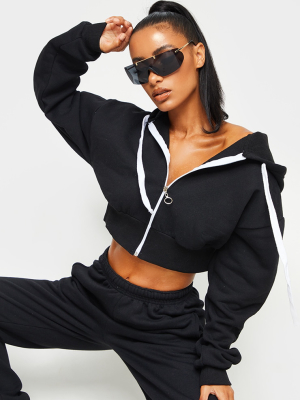 Black Zip Front Thick Drawstring Cropped Hoodie