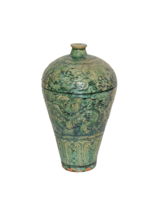 Carved Dragon Plum Vase, Speckled Green