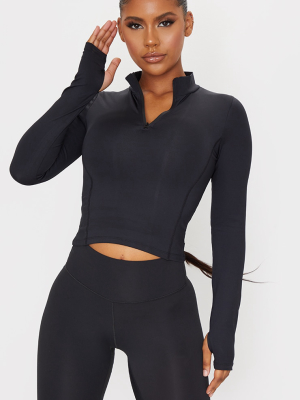 Black Brushed Luxe Cropped Long Sleeve Zip Top