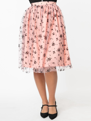 Magnolia Place Pink & Black Spring Floral Bouquet Tulle Swing Skirt