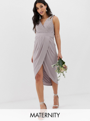 Tfnc Maternity Bridesmaid Exclusive Wrap Midi Dress With Embellished Shoulder In Gray