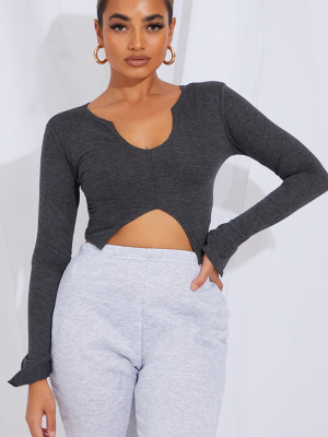 Petite Grey Jersey Split Front Crop Top