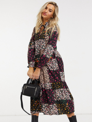 New Look Tie Neck Tiered Midi Dress In Patchwork Floral