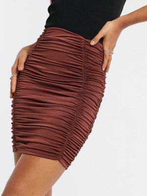 Asos Design Slinky Ruched Mini Skirt In Chocolate