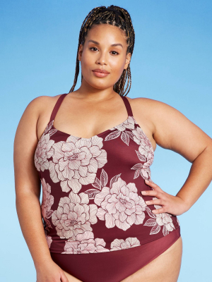 Women's Plus Size Racerback Tankini Top - All In Motion™ Burgundy Floral