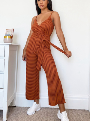 Rust Stripe Rib Strappy Wrap Culotte Jumpsuit