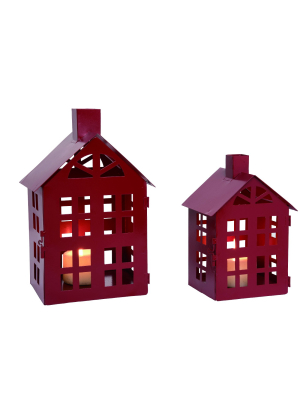 Transpac Metal 13 In. Red Christmas House Candle Holder Set Of 2