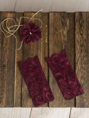 Set Lace Leg Warmers And Headband - Burgundy